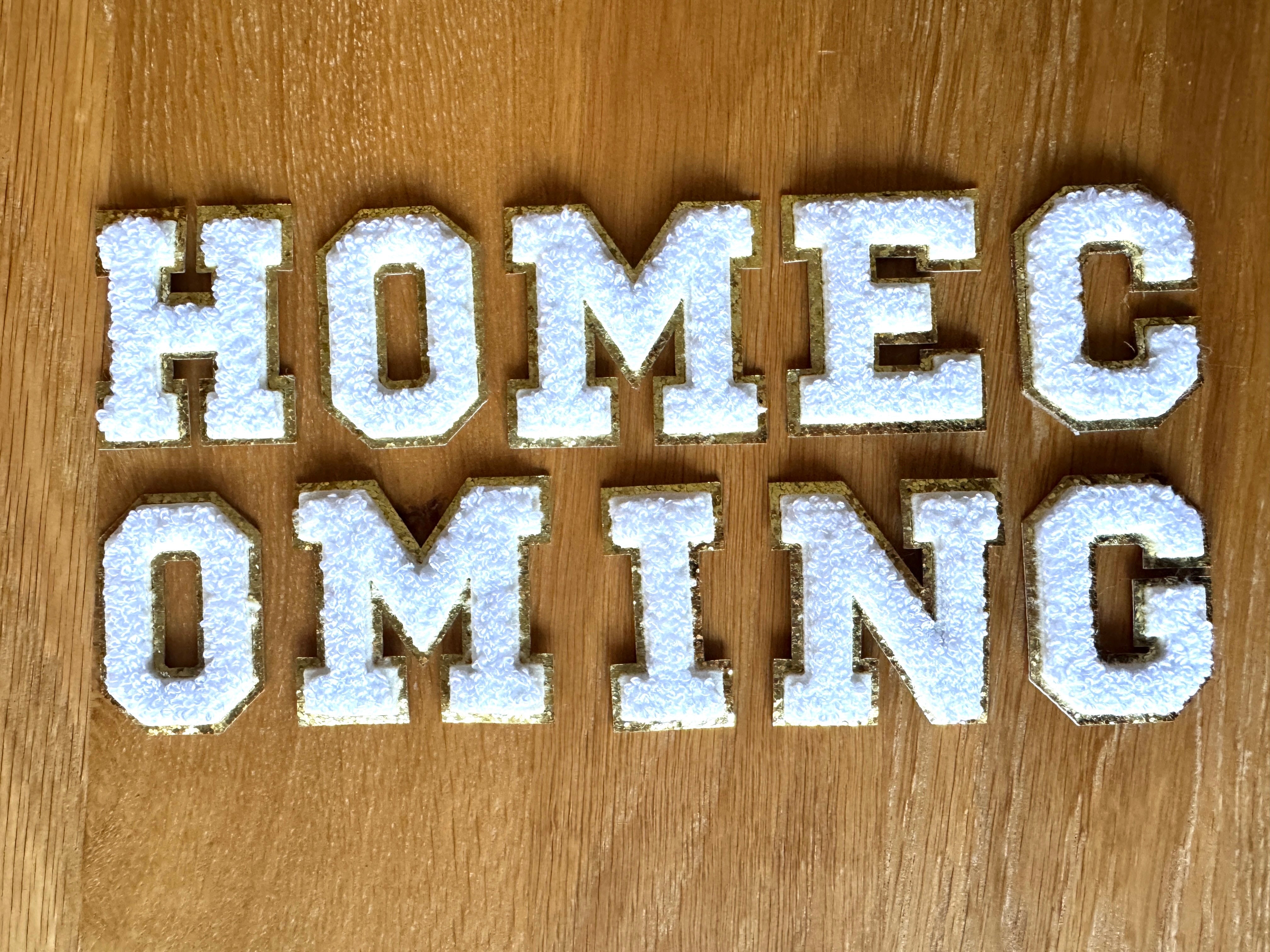 Chenille Letter Patch Set – "HOMECOMING" (Self-Adhesive, 2.2" Gold Trim)
