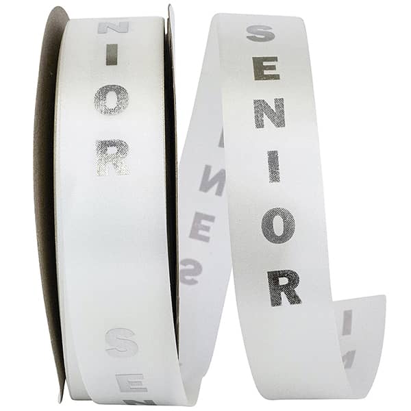 Senior Foil Printed Ribbon – White Satin with Gold or Silver Block Letters | #9, Sold by the Yard