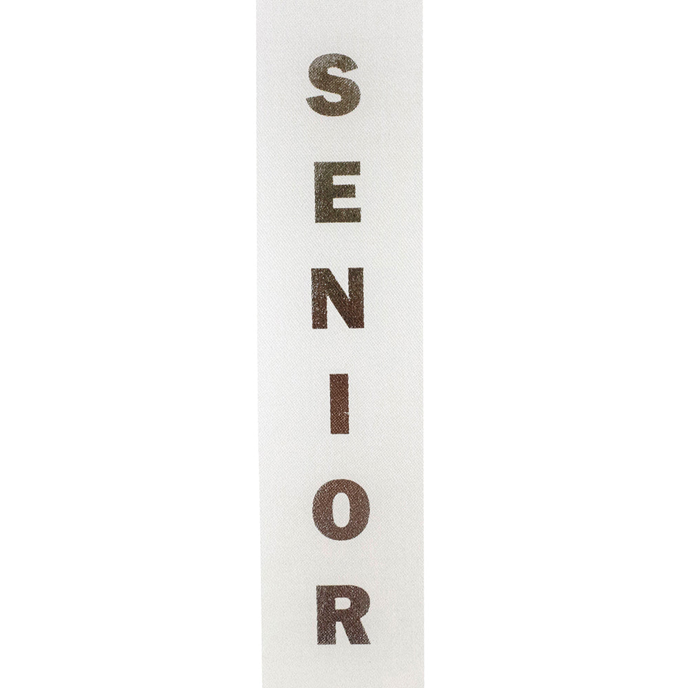 Senior Foil Printed Ribbon – White Satin with Gold or Silver Block Letters | #9, Sold by the Yard