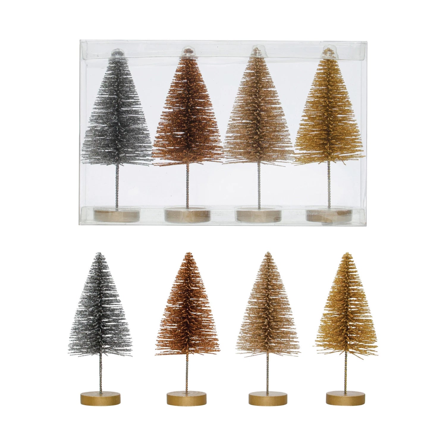 Charming Bottle Brush Trees w/ Wood Bases, Metallic Colors, Boxed Set of 4