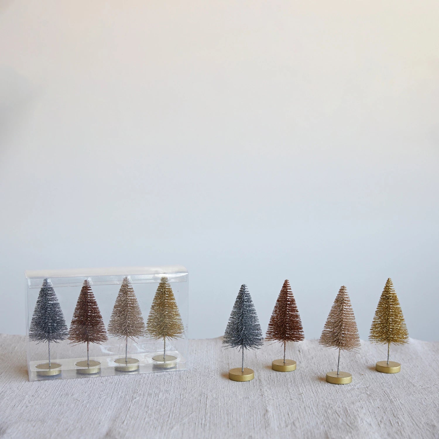 Charming Bottle Brush Trees w/ Wood Bases, Metallic Colors, Boxed Set of 4