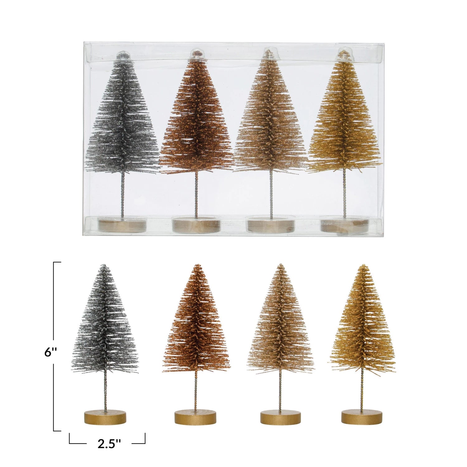Charming Bottle Brush Trees w/ Wood Bases, Metallic Colors, Boxed Set of 4