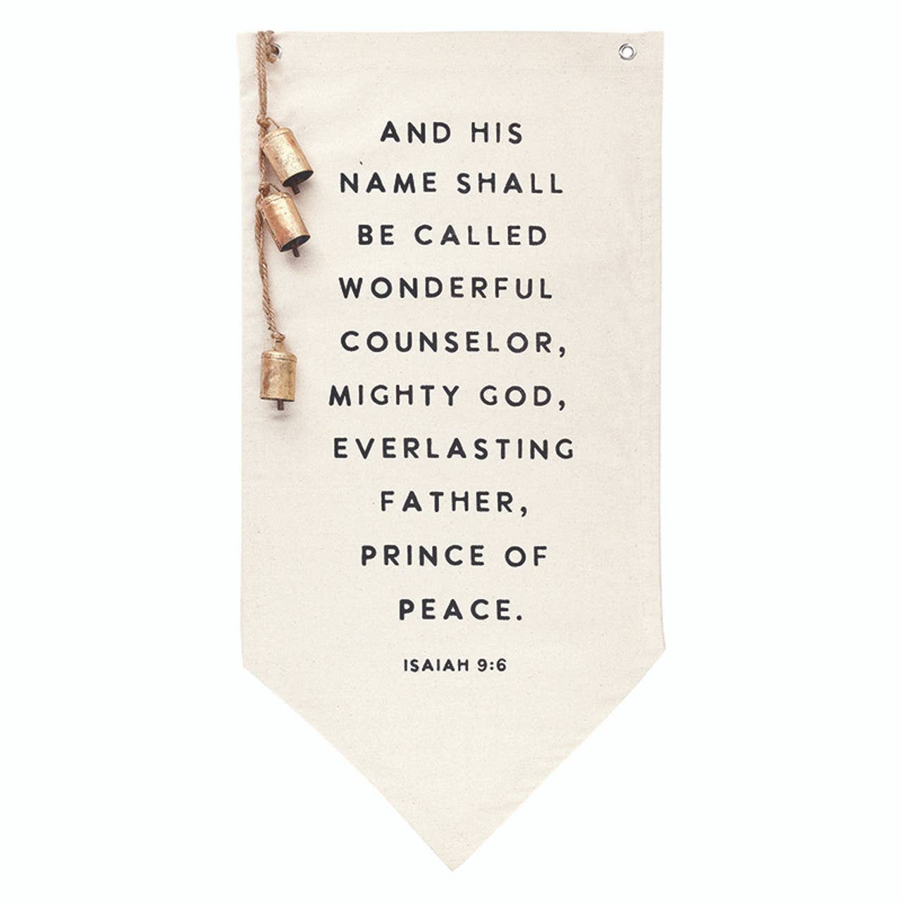 “Isaiah 9:6” Scripture Canvas Wall Sign with Bells – 28"x14" Christmas Decor