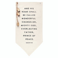 “Isaiah 9:6” Scripture Canvas Wall Sign with Bells – 28"x14" Christmas Decor