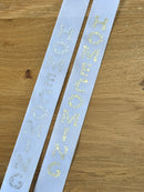 Homecoming Imprint Ribbon – #9 White Acetate Ribbon with Foil Stamped Gold or Silver Letters (Sold by the Yard)