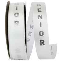 Senior Foil Printed Ribbon – White Satin with Gold or Silver Block Letters | #9, Sold by the Yard