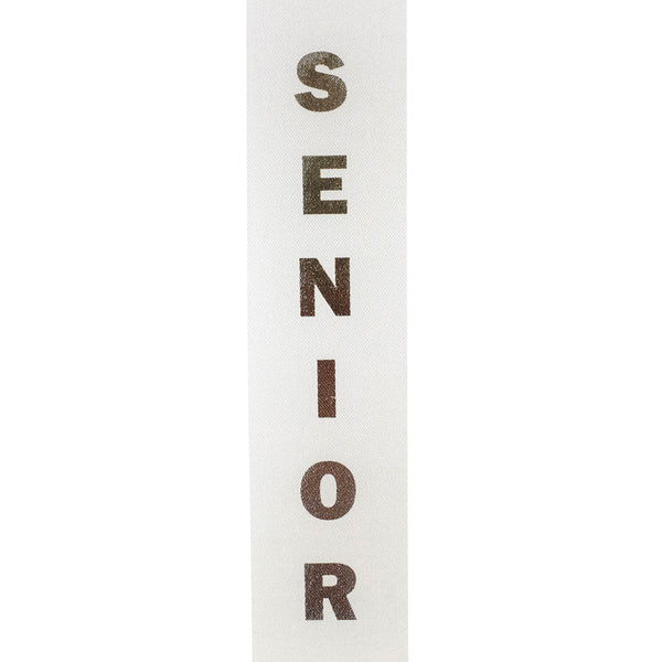 Senior Foil Printed Ribbon – White Satin with Gold or Silver Block Letters | #9, Sold by the Yard