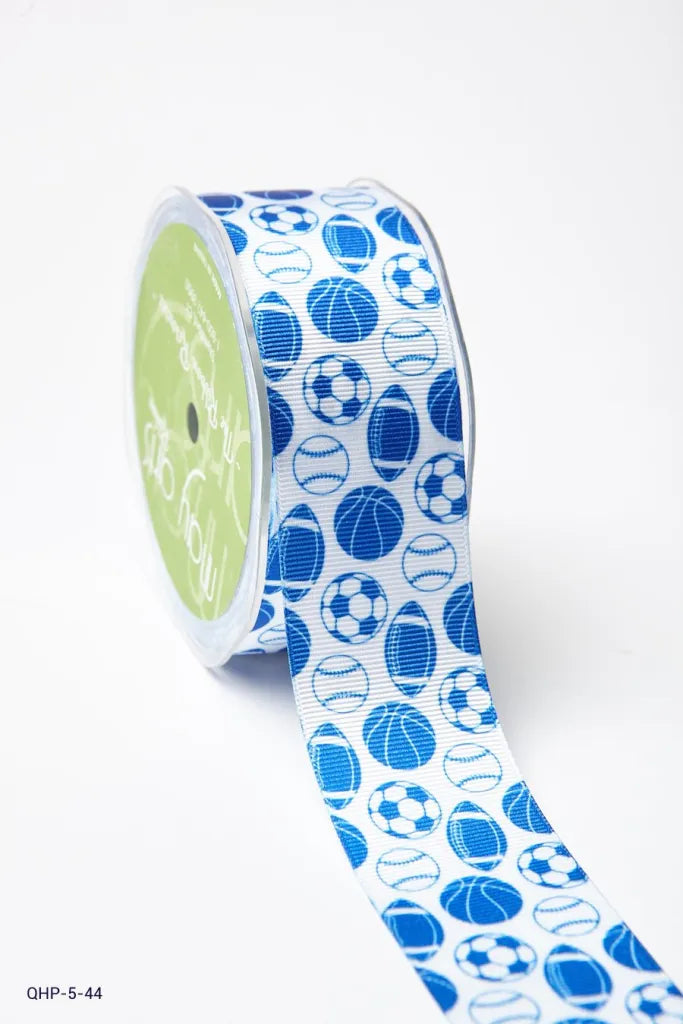 1.5" Sports Balls Grosgrain Ribbon | Team Spirit Ribbon in Green, Red & Royal Blue