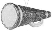 Decorative megaphone ornament with glittery finish on a white background