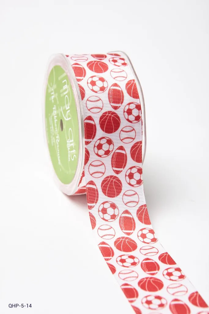 1.5" Sports Balls Grosgrain Ribbon | Team Spirit Ribbon in Green, Red & Royal Blue