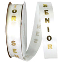 Senior Foil Printed Ribbon – White Satin with Gold or Silver Block Letters | #9, Sold by the Yard