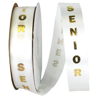 Senior Foil Printed Ribbon – White Satin with Gold or Silver Block Letters | #9, Sold by the Yard