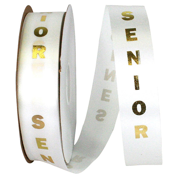 Senior Foil Printed Ribbon – White Satin with Gold or Silver Block Letters | #9, Sold by the Yard