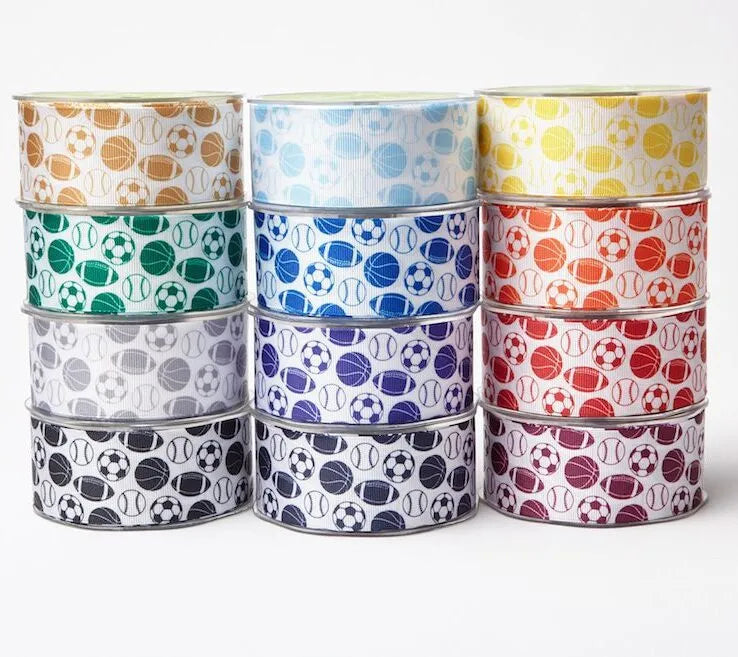 1.5" Sports Balls Grosgrain Ribbon | Team Spirit Ribbon in Green, Red & Royal Blue