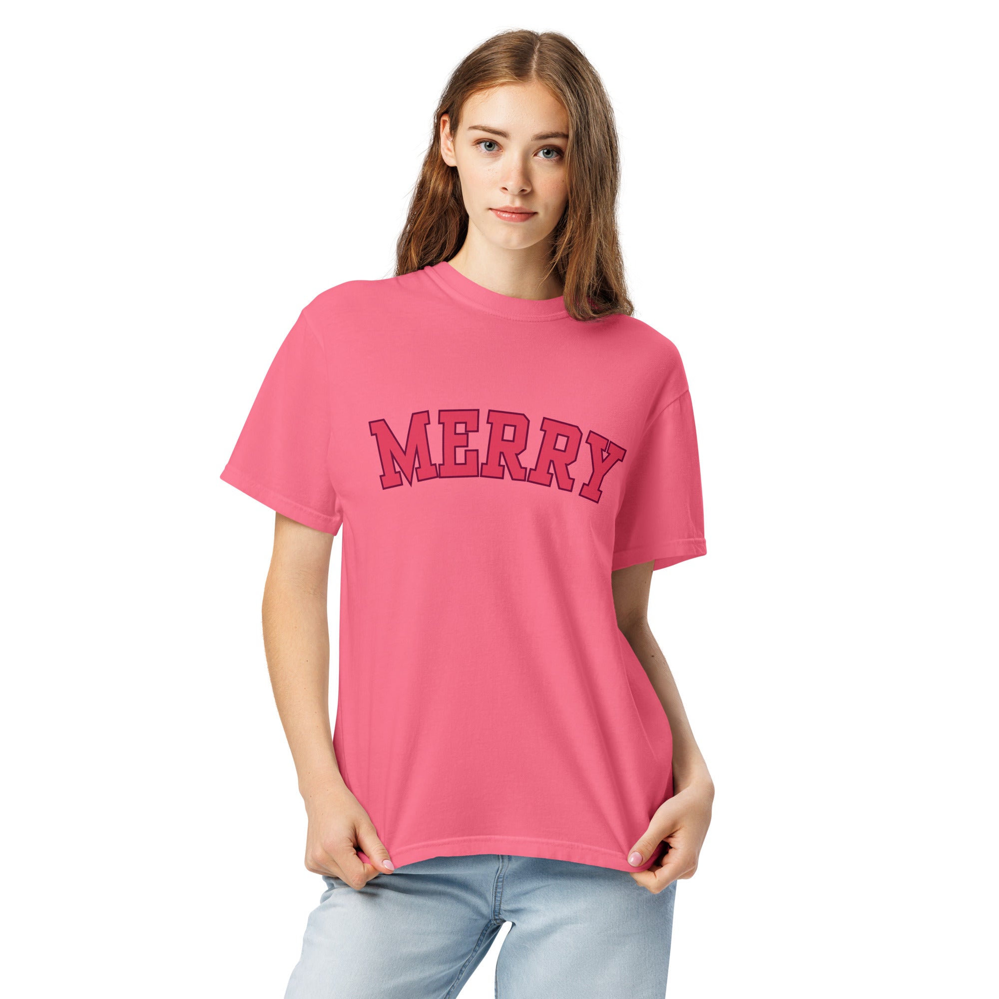 Comfort Colors "Merry" Christmas Tee – Holiday Joy with a Pop of Pretty
