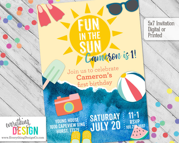 fun in the sun invitation with beach and outdoor toys