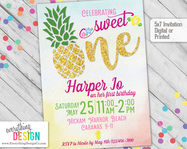 first birthday pineapple glitter invitation
