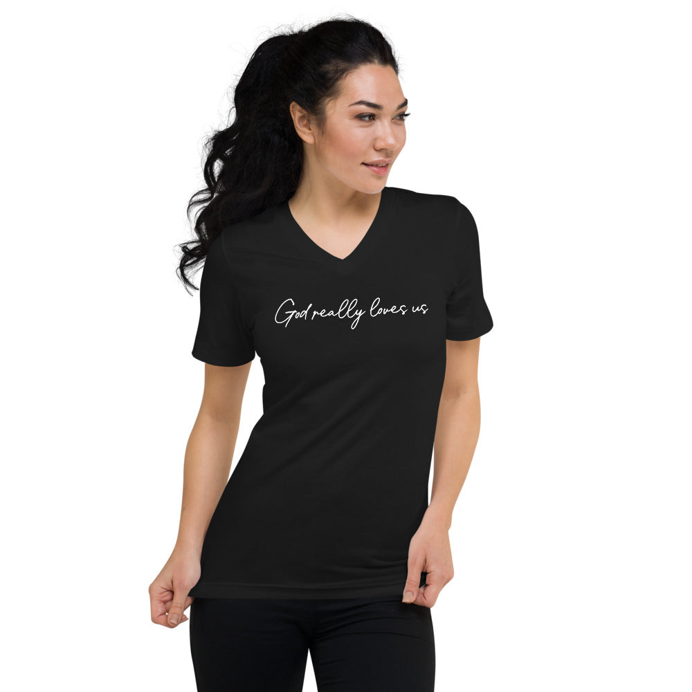 God Really Loves Us V-Neck T-Shirt – A Simple Reminder of God's Love